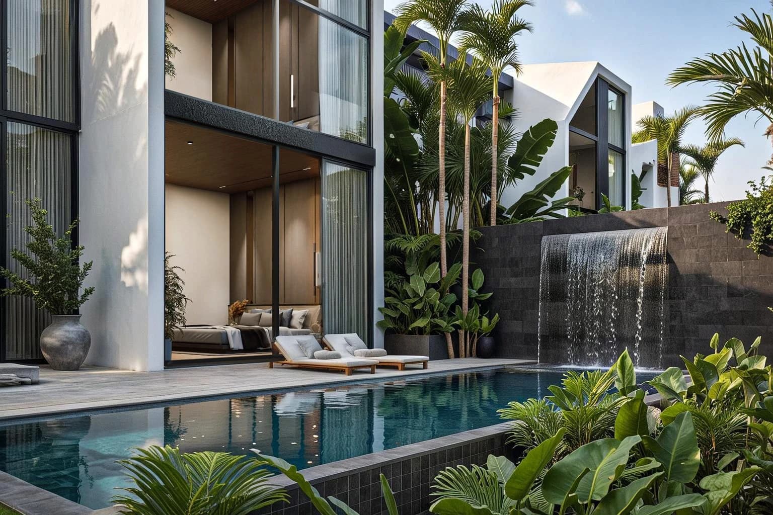 Pool Typ A mit einer Wasserfallwand aus Naturstein neben dem verglasten Wohnzimmer