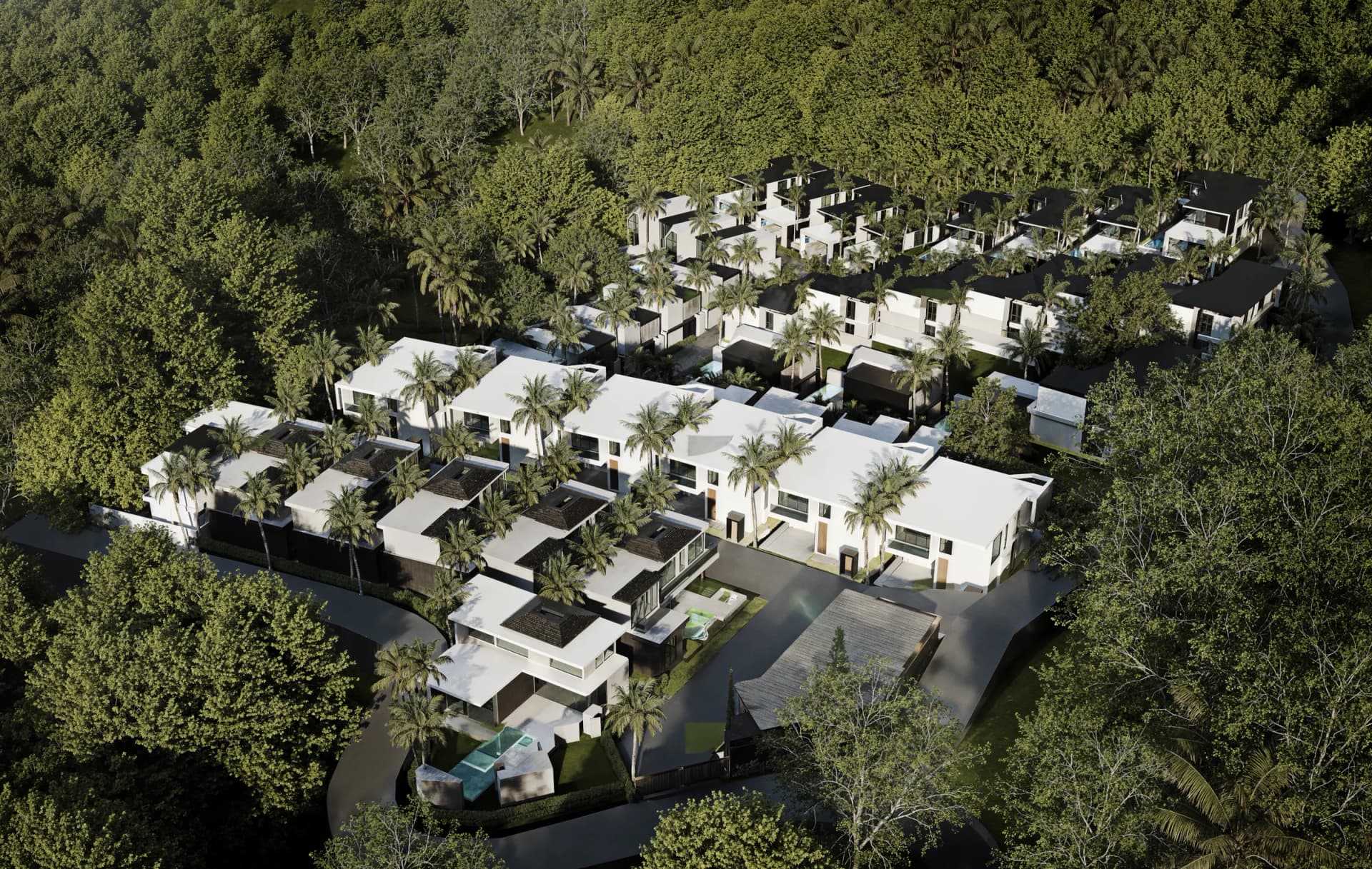 The whole estate from above: rows of white villas with pools stepping down a forested hillside