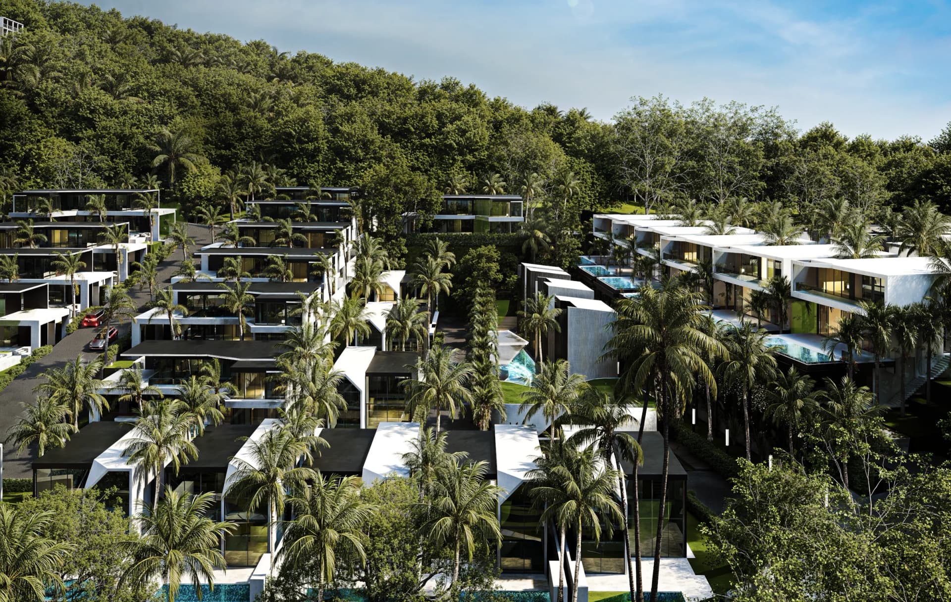 Low aerial across the estate: white villas and turquoise private pools between palms