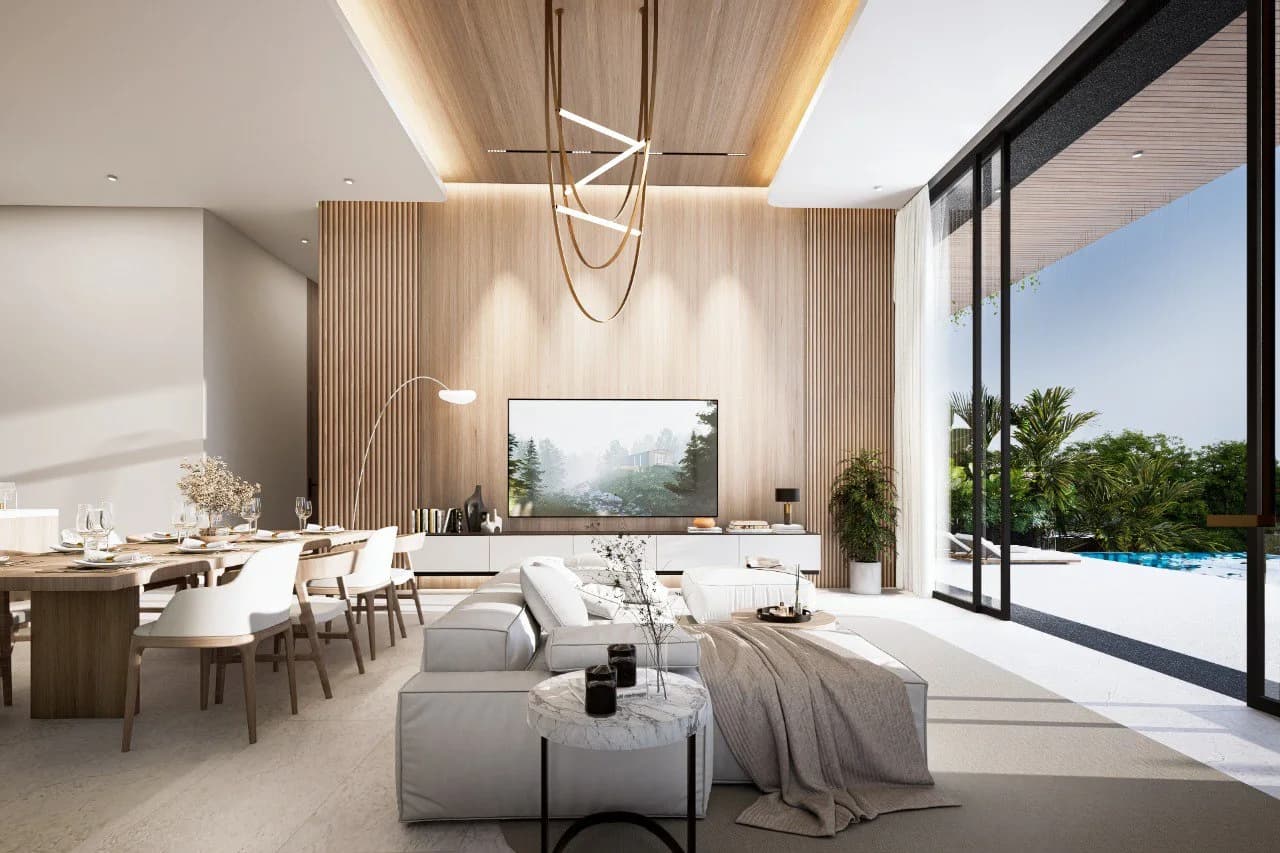 Type B living room: double height, timber ceiling band and a glass wall to the pool