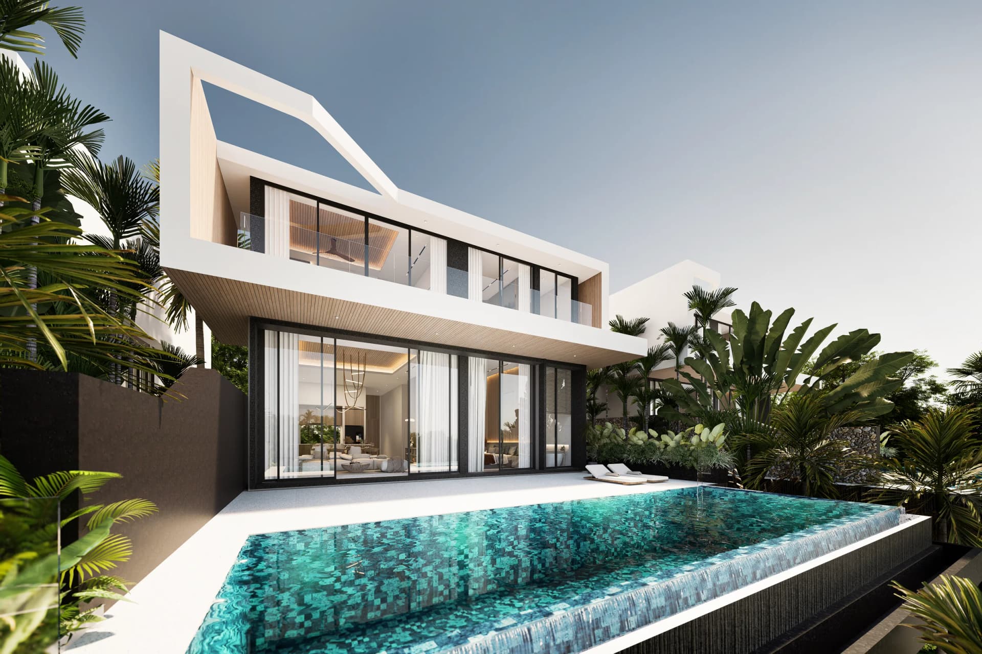 Villa Typ B: zwei weiße Geschosse und raumhohes Glas über einem langen Mosaikpool