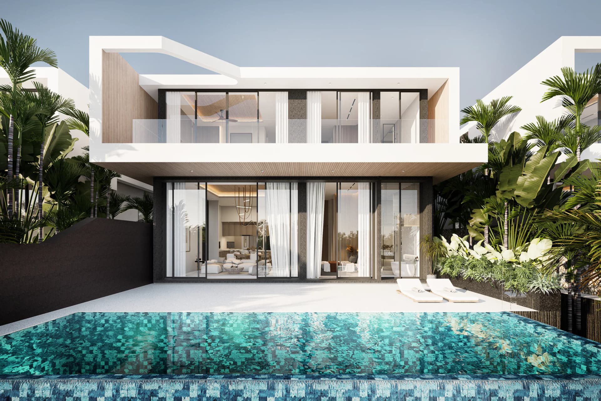 Type B villa straight on: timber-lined overhang, glass on both floors, pool across the front
