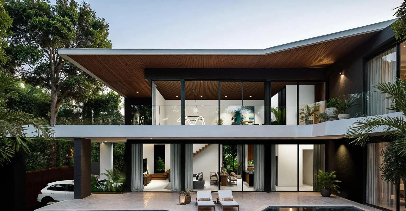 Villa Typ C: ein Dach mit Holzuntersicht schwebt über dem verglasten Obergeschoss und dem Pooldeck